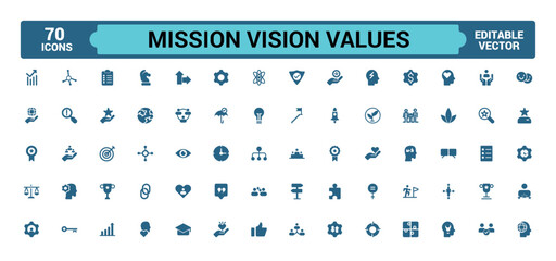 Solid icons about mission, vision and values. Business concepts. Solid icons set. Glyph icon for web and ui. Filled icon set, Vector illustration.