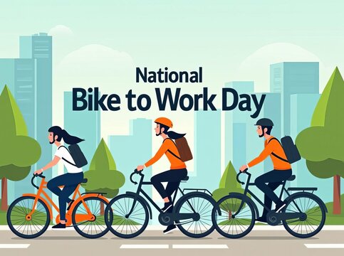 National Bike to Work Day: Urban Cyclists Commuting in City Landscape - Powered by Adobe