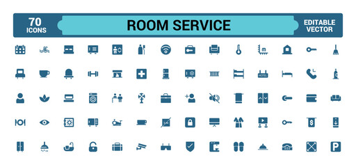 Room service icon set. Hospitality symbol, room, service, booking, filled icon set, solid icons set. Glyph icons for web and ui. Editable vector illustration.