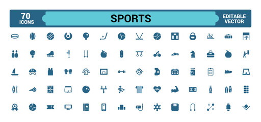 Sports icons set. Containing football, basketball, trophy, competition, medal, filled icon set, solid icon set. Glyph icons for web and ui. Editable vector illustration.