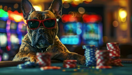French bulldog wearing sunglasses sits at a poker table with casino lights in the background