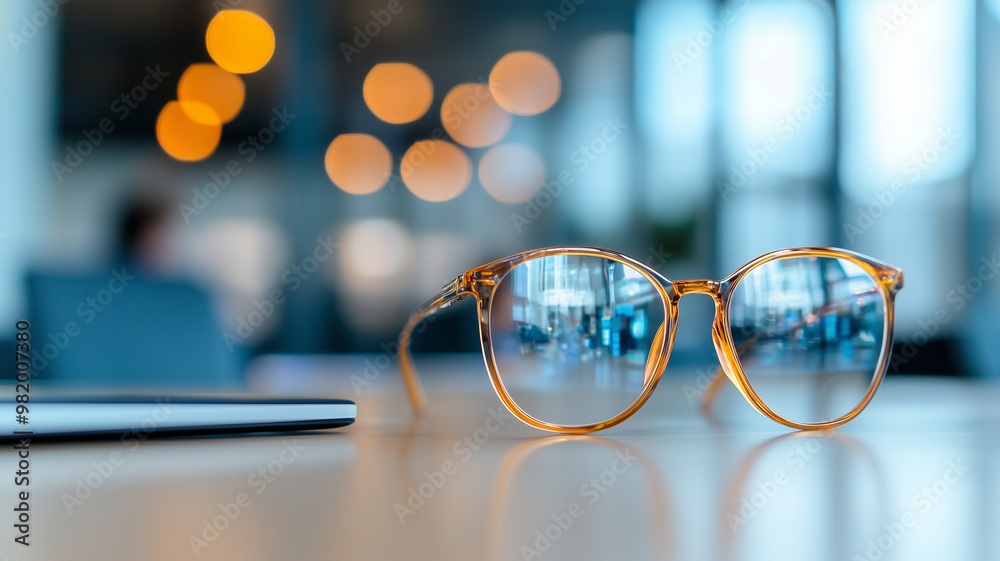 Poster a close up view of stylish eyeglasses resting on table, reflecting modern office environment with bl