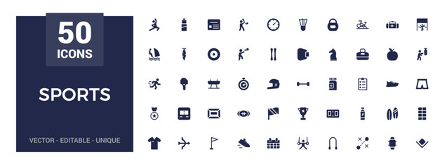 Sports icons set. Containing football, basketball, trophy, competition, medal, filled icon set, solid icon set. Glyph icons for web and ui. Editable vector illustration.