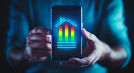 A man holding an energy-blue icon with green and red stripes, with a house in the middle of it on his smartphone screen