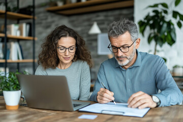 Two happy, busy middle aged professionals, man and woman, are collaborating at wooden table with laptop and documents. Their focused expressions reflect productive work environment