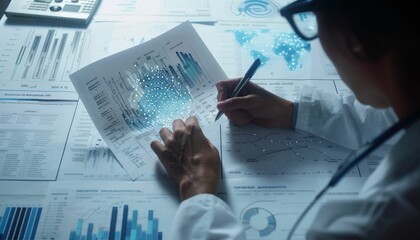 Doctor analyzing complex medical data and statistics for diagnosis