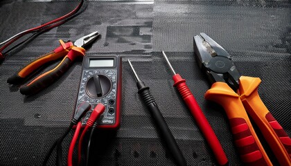 Sleek, modern electrical tools&mdash;multimeter, wire cutters, and connectors&mdash;spread across a high-tech carbon fiber surface.