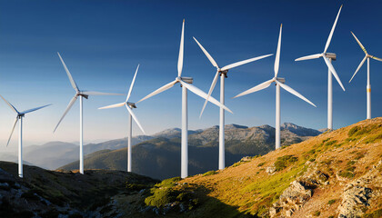 A scenic view of wind turbines on a hillside, capturing renewable energy in a stunning landscape during daylight.