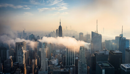 Obraz premium A stunning aerial view of a city skyline shrouded in morning mist, highlighting iconic skyscrapers and a serene atmosphere.