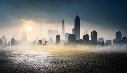 Obraz premium A stunning city skyline at dawn, shrouded in mist and illuminated by the soft glow of the rising sun.