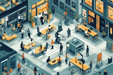 Obraz premium A lively urban scene with people and outdoor seating.