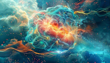 Glowing blue and orange abstract brain with flowing lines and particles