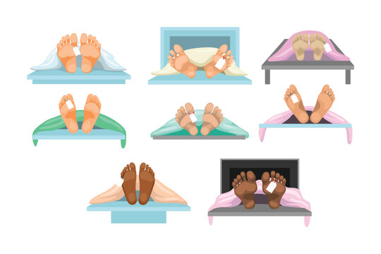 Set of morgue toe tag collection, Corpse in the morgue vector. Dead bodies laying in the mortuary, Feet with death tag, the human body is covered with a white sheet, dead man body illustration.