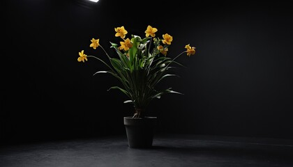 A black wall with a mirror, next to two black vases holding green flowers in a white vase 60