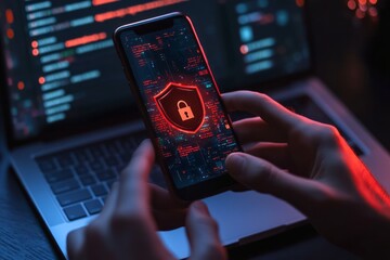 A person holding a phone with the lock symbol and shield icon floating above it