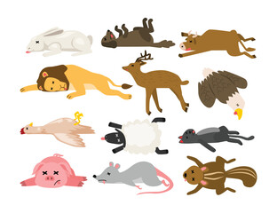 Set of dead animal collection, dying animals cartoon, Corpse of Beast, rabbit, lion, cow, deer, dog, eagle, pig, mouse, sheep, poaching and illegal animal hunting icons, danger for safety of wildlife.
