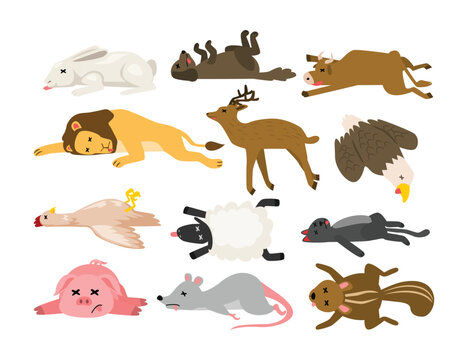 Set of dead animal collection, dying animals cartoon, Corpse of Beast, rabbit, lion, cow, deer, dog, eagle, pig, mouse, sheep, poaching and illegal animal hunting icons, danger for safety of wildlife.