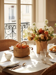 a french market wicker basket is filled with elegant fresh chic flowers in a neutral tonal range of tan and brown, sits on a marble dining table