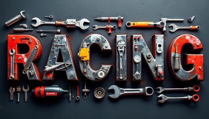 Bold Industrial Racing Text Design Made from Mechanical Tools