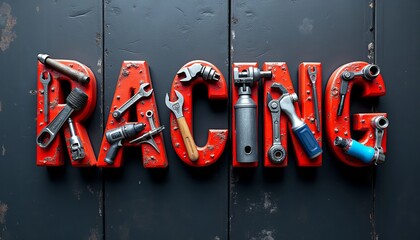 Bold Industrial Racing Text Design Made from Mechanical Tools