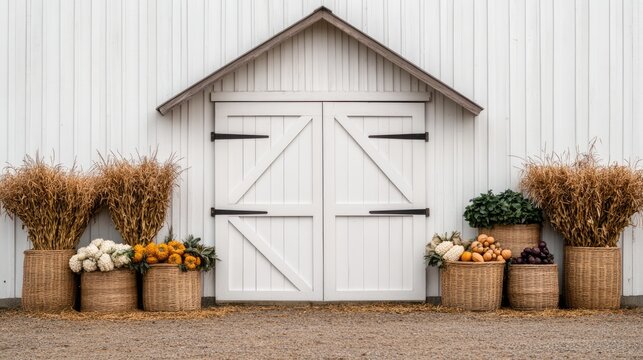 A rustic barn entrance adorned with wicker baskets filled with autumn harvest and dried plants, creating a cozy fall atmosphere.