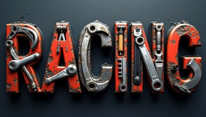 Bold Industrial Racing Text Design Made from Mechanical Tools