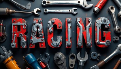 Bold Industrial Racing Text Design Made from Mechanical Tools