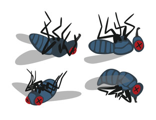 Set of dead fly collection, dying house fly cartoon, lying corpse of insect, poaching and illegal animal hunting icons, danger for safety of wildlife, isolated on white background, vector illustration © vesvocrea