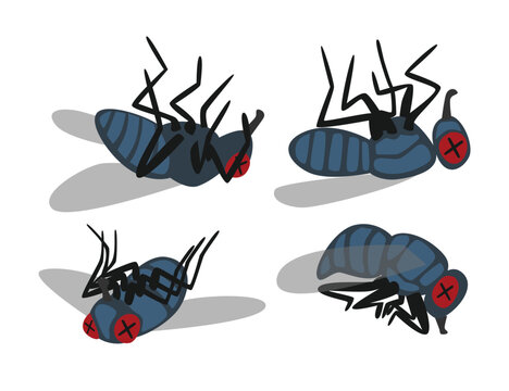 Set of dead fly collection, dying house fly cartoon, lying corpse of insect, poaching and illegal animal hunting icons, danger for safety of wildlife, isolated on white background, vector illustration