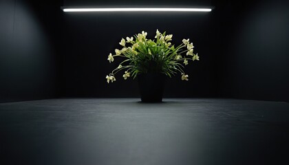 Obraz premium A black vase holds a plant, its green foliage contrasting with the surrounding black table Behind, a black wall hosts a similar green plant with leafy growth 126