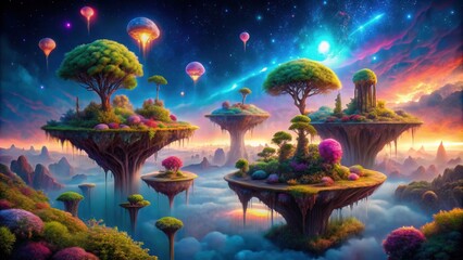 Fototapeta premium Fantasy sci-fi dreamland with glowing plants, floating islands, and colorful skies, fantasy, sci-fi, dreamland,glowing