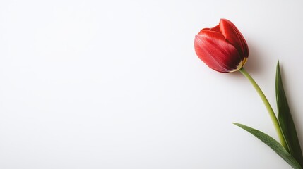Obraz premium Isolated single red tulip on solid white background, soft shadows, minimalist design, ample copy space