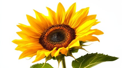 Fototapeta premium Isolated sunflower in full bloom on solid white background, vibrant yellow petals with a dark center, perfect for bright and cheerful nature designs.