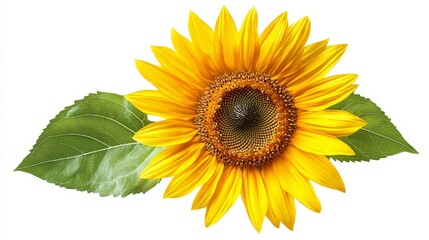 Fototapeta premium Isolated sunflower with bold yellow petals and green leaves, centered on a pure white background, suitable for floral designs.