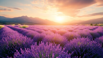 Obraz premium Lavender field bathed in golden sunlight, vibrant purple hues contrasting with the clear sky, depicted in hyper-realistic 3D rendering, every flower detailed, evoking calm and peace