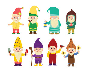 Set of cute little kid gnome dwarf character cartoon with holding stick, mushroom, shovel and sunflower, Adorable gnomes in hats. Leprechaun and gnome funny,  fairy tale mascots. Funny garden bearded 
