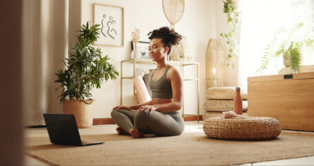 Home, yoga and woman with pc, meditation and peace with chakra, wellness or calm. Apartment,...