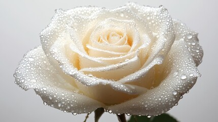 Macro photography of a white rose with glistening water droplets, on solid white background, single object