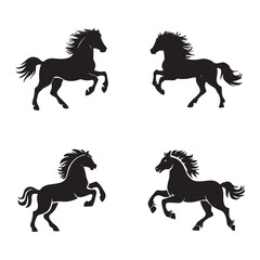 Black and white vector silhouettes set of dynamic horse
