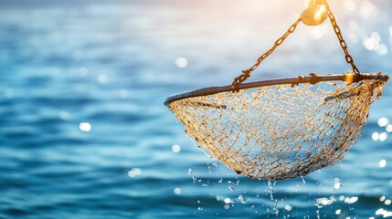 Obraz premium A fishing net suspended above water, capturing sunlight and splashes.