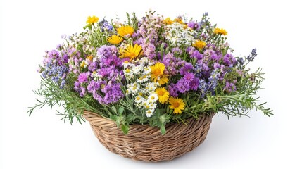 Mixed bouquet of wildflowers in a basket on grass, vibrant spring composition, top view, isolated on solid white background, single object