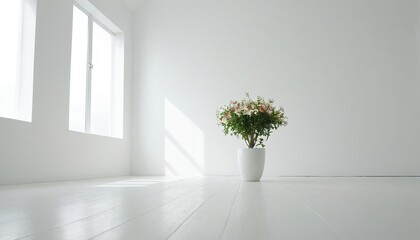 Modern Interior Design Concept with White Wall Background. Tabletop for your product with Tree Pot and Beautiful Plants as Decoration in Room 432