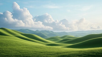 Obraz premium Lush green hills under a bright sky filled with clouds in a serene landscape during daylight hours.