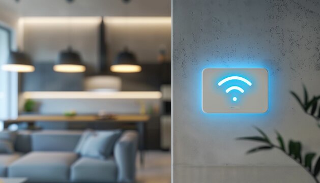 Modern home with glowing blue wifi symbol on concrete wall