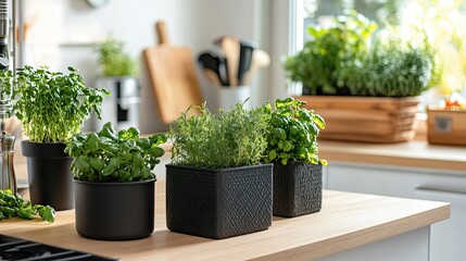 Fresh Herbs in Black Pots on a Kitchen Countertop