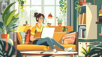 Young woman student remote working at home