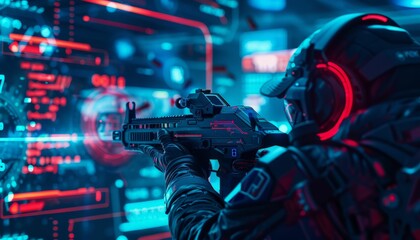Cyberpunk soldier aiming assault rifle in futuristic warzone