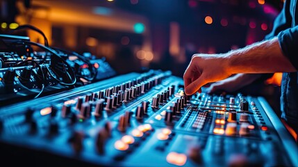 Hand Adjusting Knobs on a Soundboard in a Dimly Lit Room