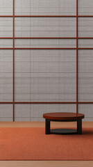 Modern minimalist interior with a round wooden table and textured wall design in a serene living space