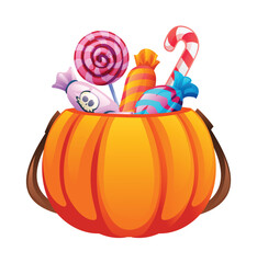 Pumpkin basket filled with various candy treats for Halloween. Vector cartoon illustration